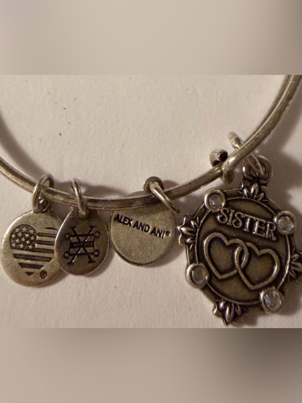 Alex and Ani Silver Sister Charm Bangle with ‘Sister’ Medallion